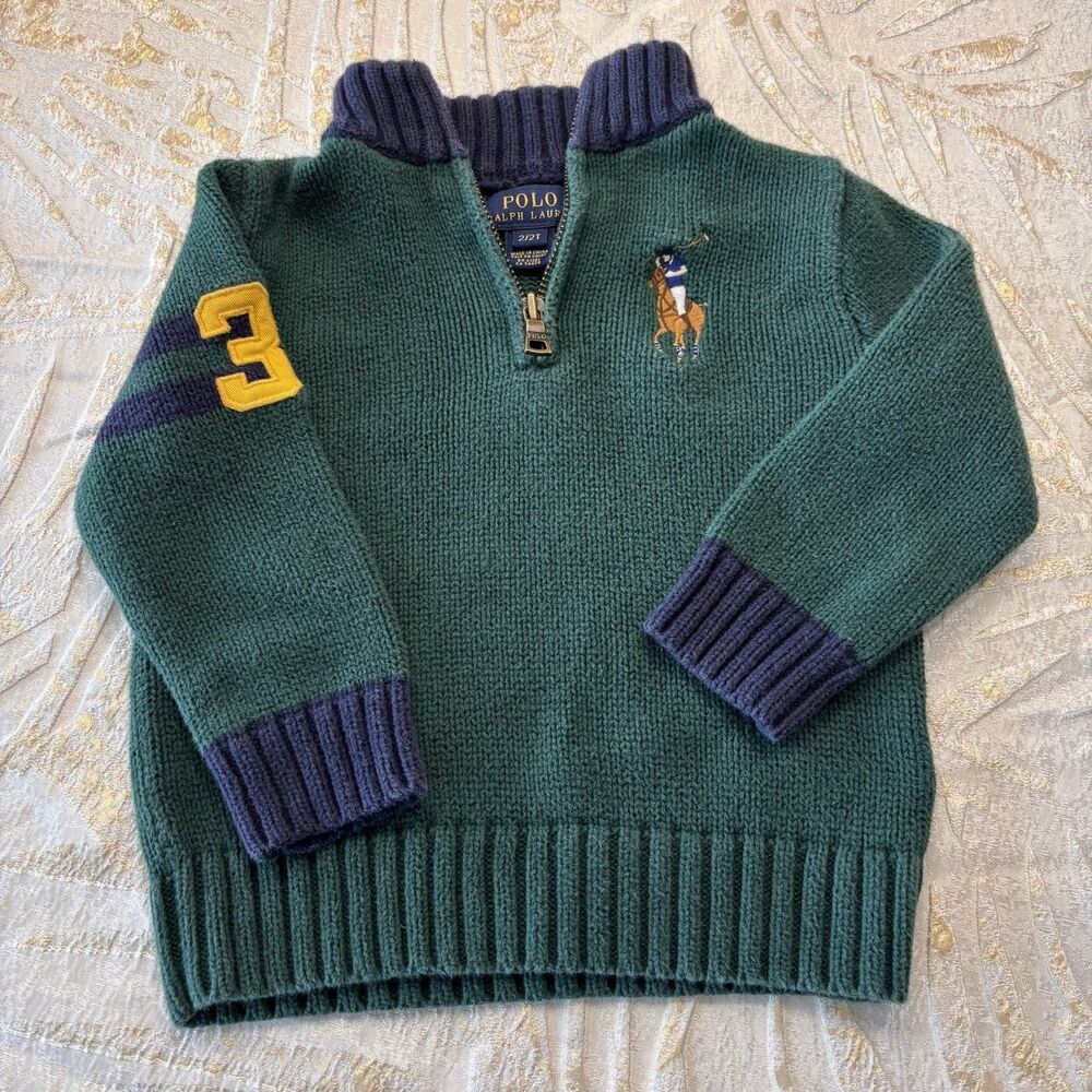 Polo Ralph Lauren Boys 2T Green Quarter Zip Sweater Big Pony #3 Rugby Preppy
